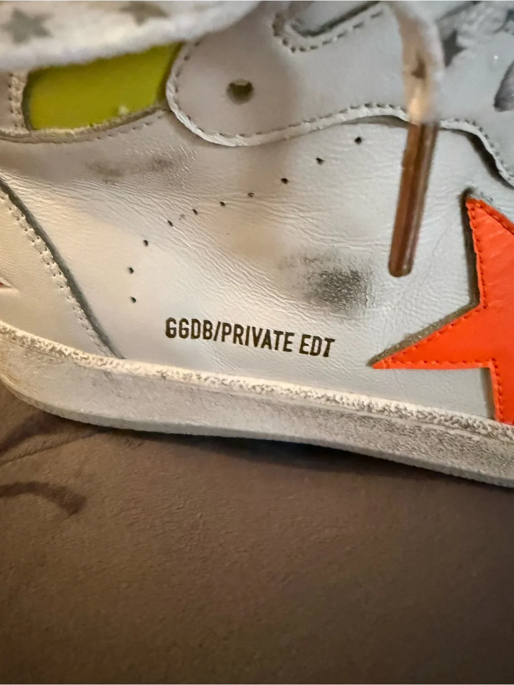 Golden Goose White High-Top  Orange Star and Neon Yellow Trim Private Edition